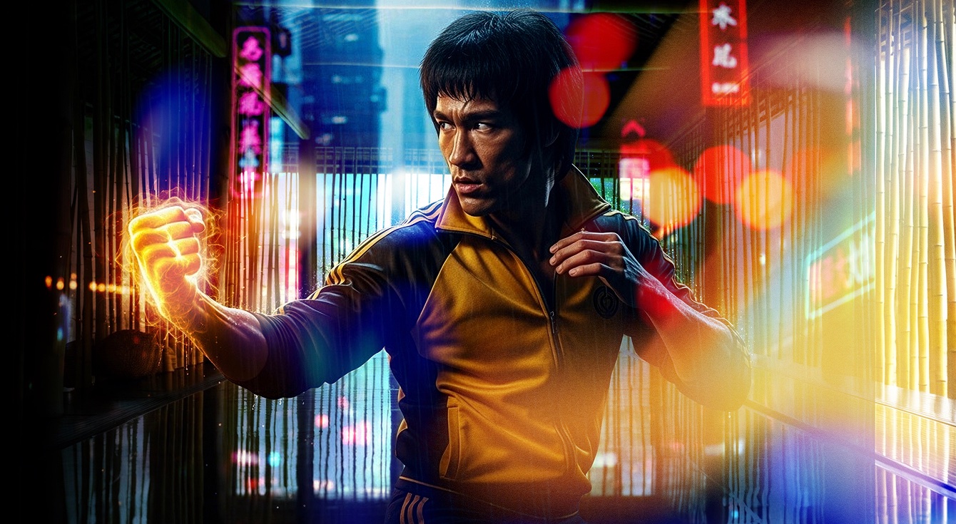 Digital picture of Bruce Lee in iconic pose showing his brutal fist